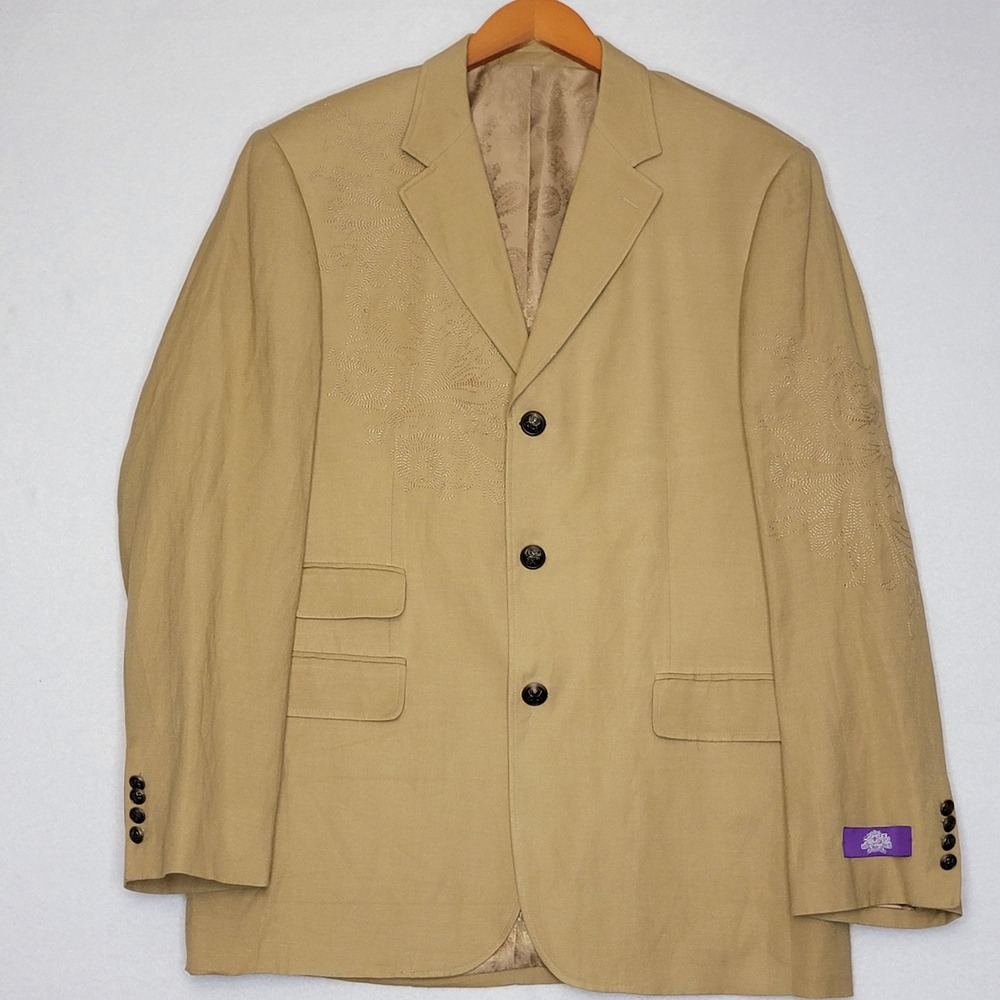 Empra Mens Tan‎ Linen Blend Embroidered Blazer Sport Coat 42L Paisley Lining